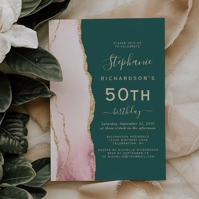 Invitation Fête d'anniversaire de 50 ans Blush Gold Agate Eme (Créateur téléchargé)