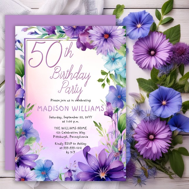 Invitation Fête d'anniversaire de 50 ans Boho Morning Glories (Elegant Boho Aster | Morning Glories Floral 50th Birthday Party Invitation Print | Digital Download)