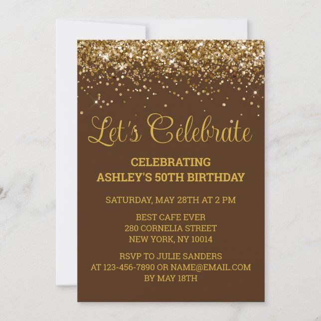 Invitation Fête d'anniversaire de 50 ans Brown & Gold Glitter (Devant)