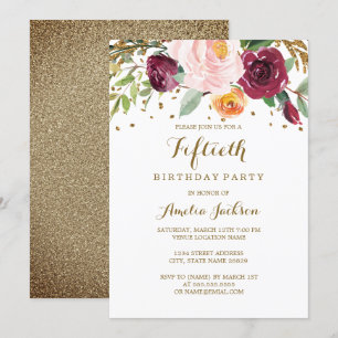 Invitation Fête d'anniversaire de 50 ans Burgundy Floral Gold