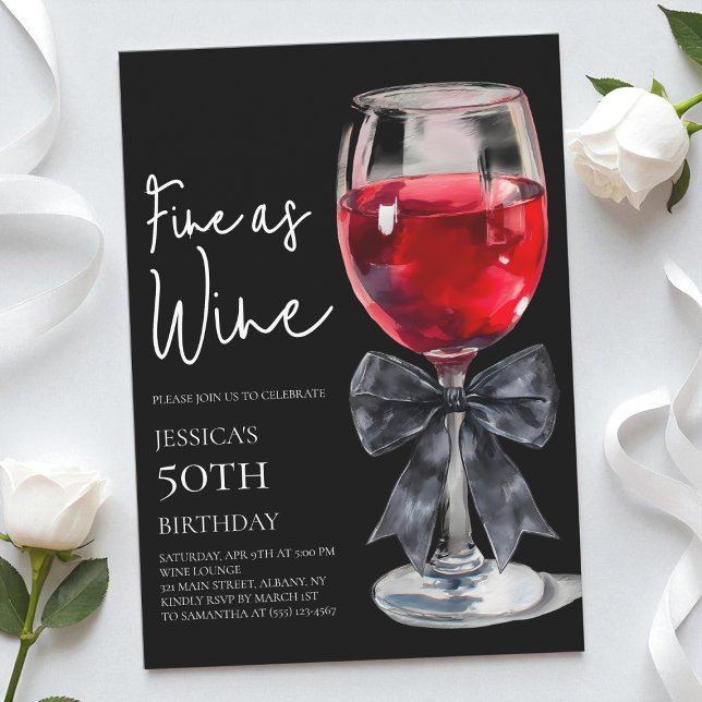 Invitation Fête d'anniversaire de 50 ans Chic Black Bow Fine  (Chic Black Bow Fine as Wine 50th Birthday Party Invitation)