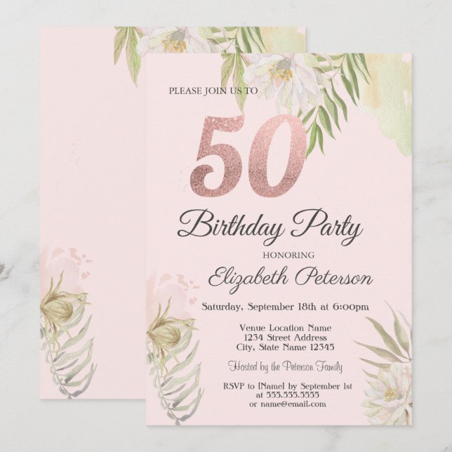 Invitation Fête d'anniversaire de 50 ans Chic Rose Boho Flora (Devant / Derrière)