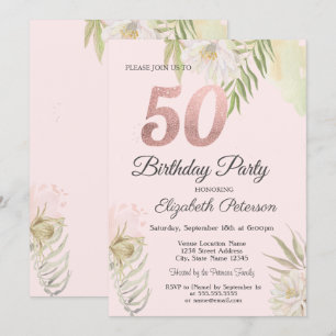 Invitation Fête d'anniversaire de 50 ans Chic Rose Boho Flora