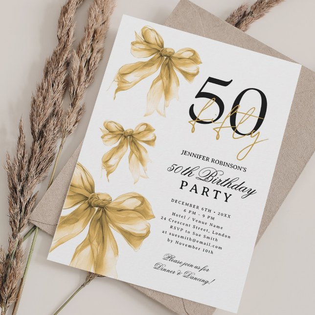Invitation Fête d'anniversaire de 50 ans Coquette aquarelle d (Gold Watercolor Coquette Bow 50th Birthday Party Invitation)