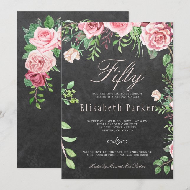Invitation Fête d'anniversaire de 50 ans dans le jardin flora (Devant / Derrière)