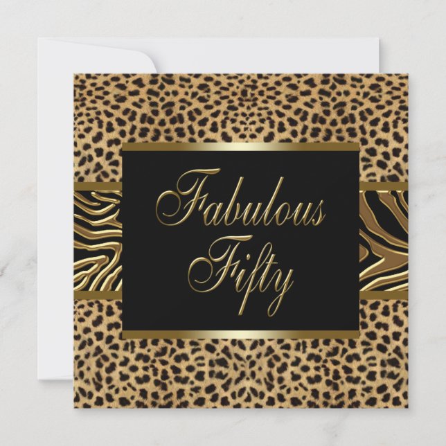 Invitation Fête d'anniversaire de 50 ans de femme léopard zèb (Devant)