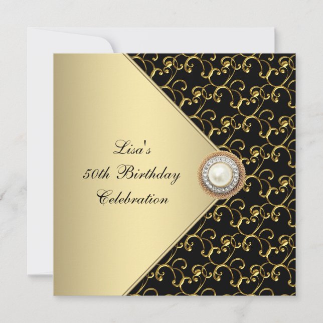 Invitation Fête d'anniversaire de 50 ans de femme perle noire (Devant)
