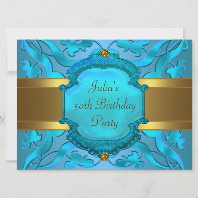Invitation Fête d'anniversaire de 50 ans de femme sarcelle or (Devant)