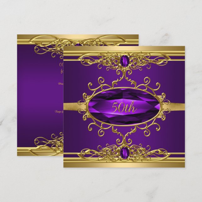 Invitation Fête d'anniversaire de 50 ans Diamant Or Pourpre (Devant / Derrière)