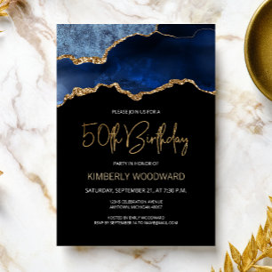 Invitation Fête d'anniversaire de 50 ans Elegant Blue Gold Ag