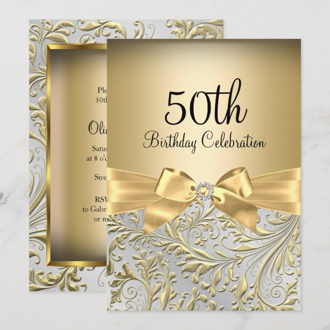 Invitation Fête d'anniversaire de 50 ans Elegant Gold Bow Flo (Devant / Derrière)