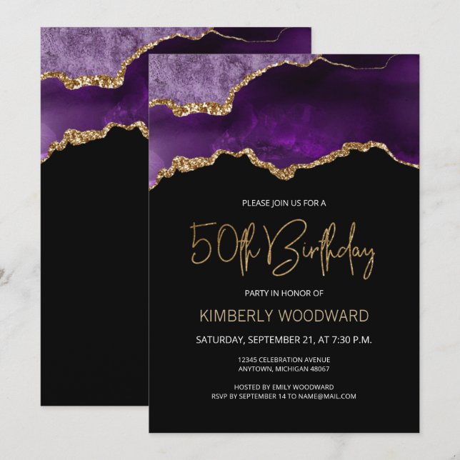 Invitation Fête d'anniversaire de 50 ans élégante en agate vi (Devant / Derrière)