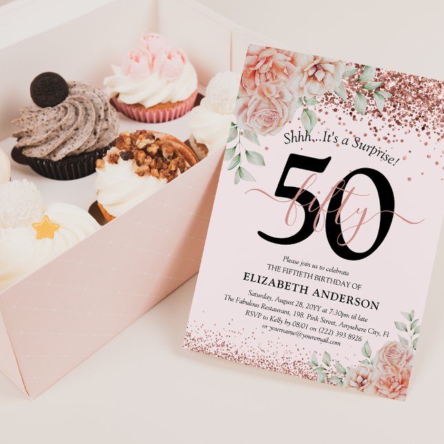 Invitation Fête d'anniversaire de 50 ans élégante rose et pai (Créateur téléchargé)