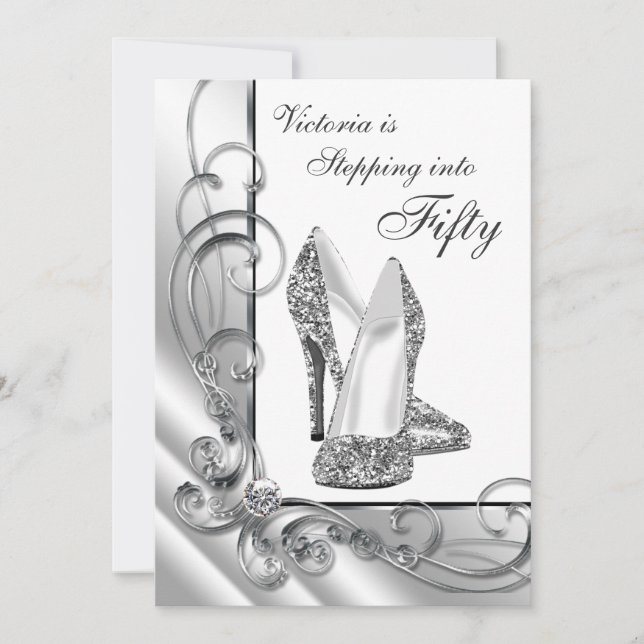 Invitation Fête d'anniversaire de 50 ans en noir et argent (Devant)