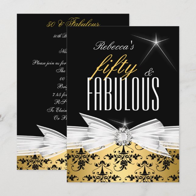 Invitation Fête d'anniversaire de 50 ans en or et noir fabule (Devant / Derrière)