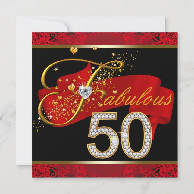 Invitation Fête d'anniversaire de 50 ans fabuleuse rouge diam (Devant)
