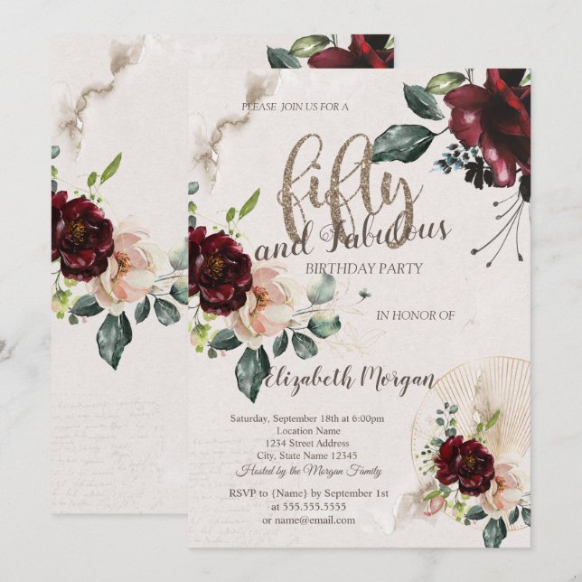Invitation Fête d'anniversaire de 50 ans Fleurs Bohème Bourgo (Devant / Derrière)