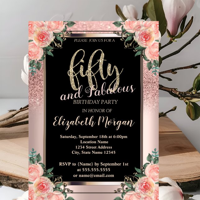 Invitation Fête d'anniversaire de 50 ans Fleurs Paillettes Ro (Créateur téléchargé)