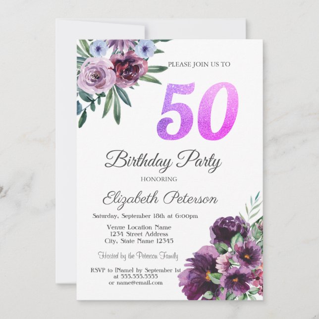 Invitation Fête d'anniversaire de 50 ans Fleurs violettes à l (Devant)