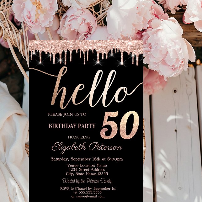 Invitation Fête d'anniversaire de 50 ans Glitter Drips Rose G (Créateur téléchargé)