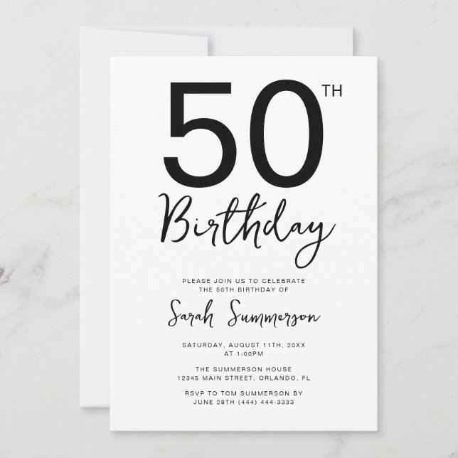 Invitation Fête d'anniversaire de 50 ans Minimal Black White  (Devant)