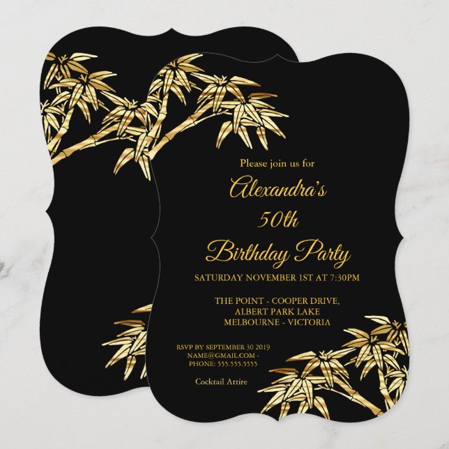 Invitation Fête d'anniversaire de 50 ans Or Bambou Noir Doré (Devant / Derrière)