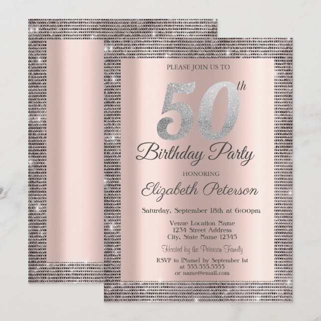 Invitation Fête d'anniversaire de 50 ans Paillettes Argentées (Devant / Derrière)