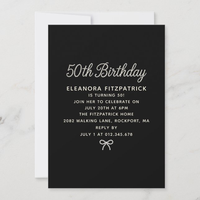 Invitation Fête d'anniversaire de 50 ans perle noire et blanc (Devant)