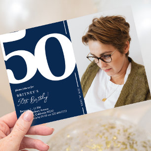 Invitation Fête d'anniversaire de 50 ans Photo Bleu Marine