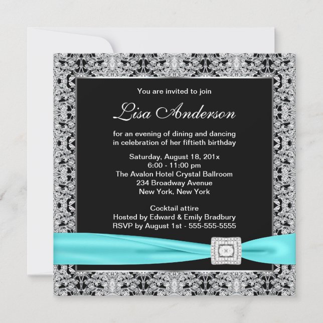 Invitation Fête d'anniversaire de 50 ans pour femme en bleu s (Devant)
