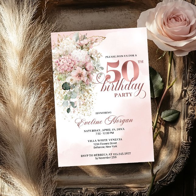 Invitation Fête d'anniversaire de 50 ans Rose Gold Aquarelle  (Rose Gold Watercolor Blush 50th Birthday Celebration)