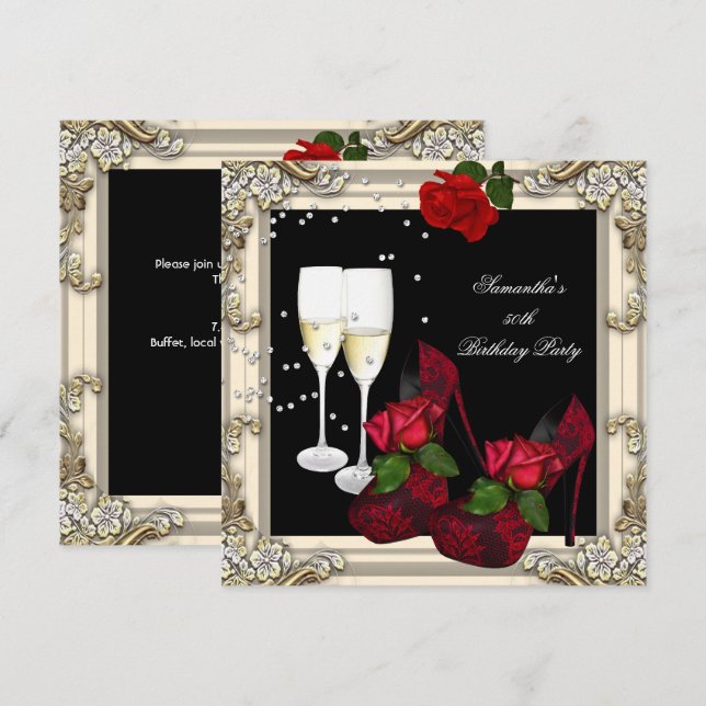 Invitation Fête d'anniversaire de 50 ans Rose rouge Champagne (Devant / Derrière)