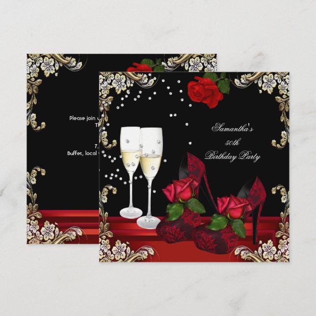 Invitation Fête d'anniversaire de 50 ans Rose rouge Champagne (Devant / Derrière)