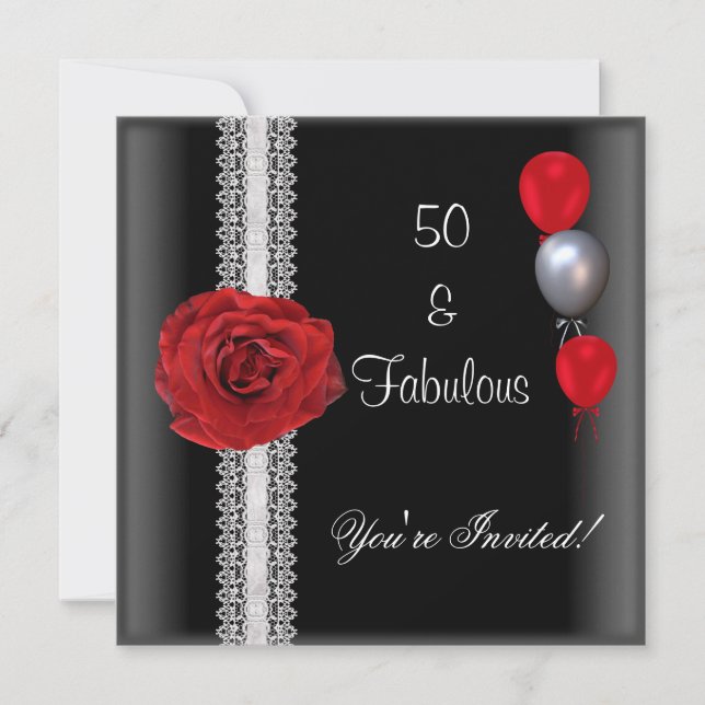 Invitation Fête d'anniversaire de 50 ans Rose rouge noir blan (Devant)