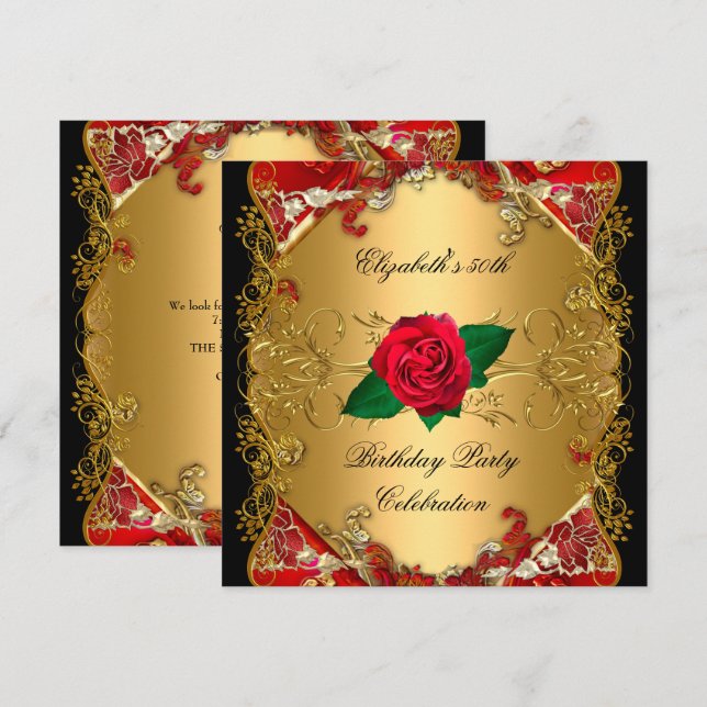 Invitation Fête d'anniversaire de 50 ans Roses rouges noires  (Devant / Derrière)