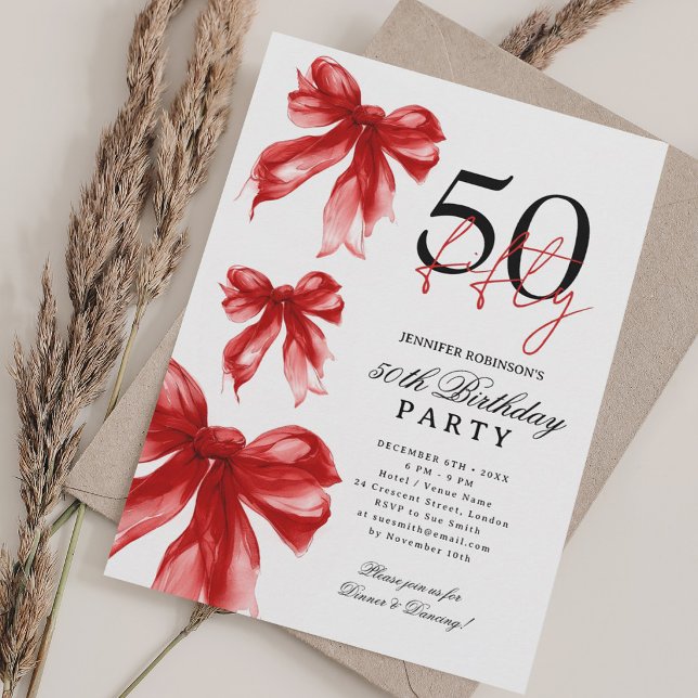 Invitation Fête d'anniversaire de 50 ans Ruban Coquette Aquar (Red Watercolor Coquette Bow 50th Birthday Party Invitation)