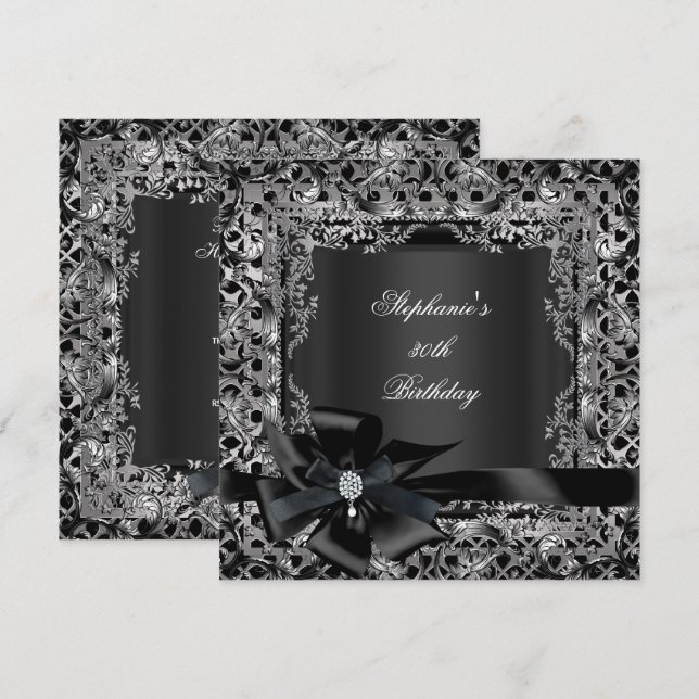 Invitation Fête d'anniversaire de 50 ans Ruban noir argenté e (Devant / Derrière)
