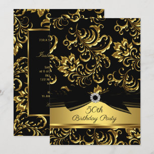 Invitation Fête d'anniversaire de 50 ans ruban noir damas dor