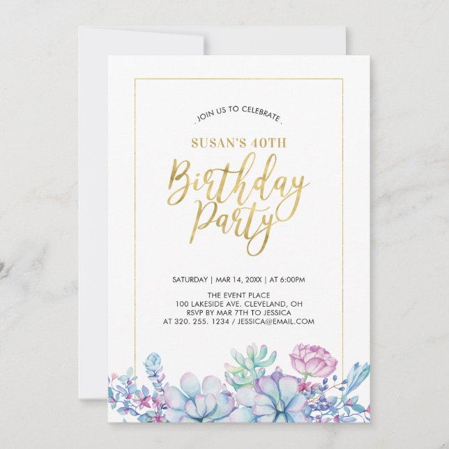 Invitation Fête d'anniversaire de 50 ans Succulentes Fleur &  (Devant)