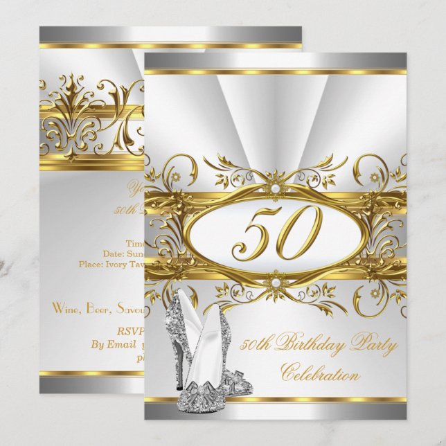 Invitation Fête d'anniversaire de 50 ans Talons blancs or arg (Devant / Derrière)