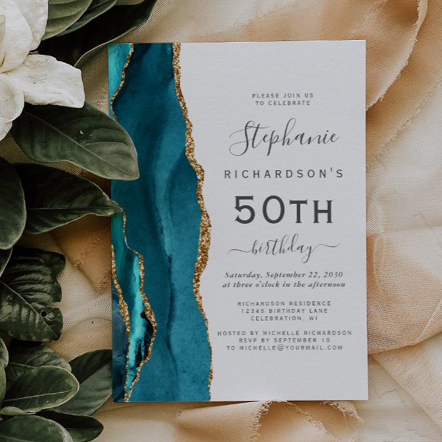 Invitation Fête d'anniversaire de 50 ans Teal Blue Gold Agate (Créateur téléchargé)