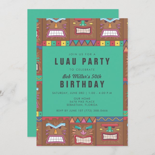 Invitation Fête d'anniversaire de 50 ans Tiki Mask Luau (Devant / Derrière)