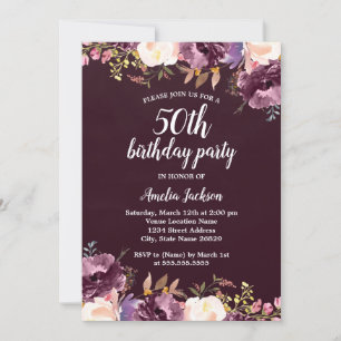 Invitation Fête d'anniversaire de 50 ans Watercolor Bloom Pur