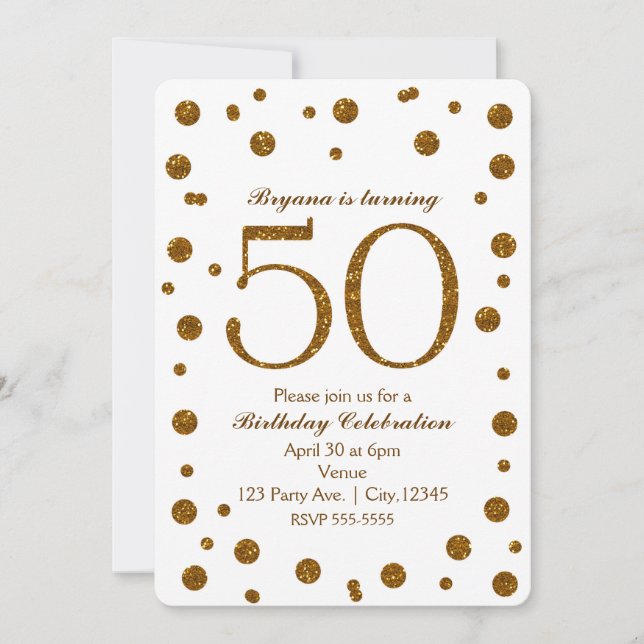 Invitation Fête d'anniversaire de 50 ans White & Gold Glitter (Devant)
