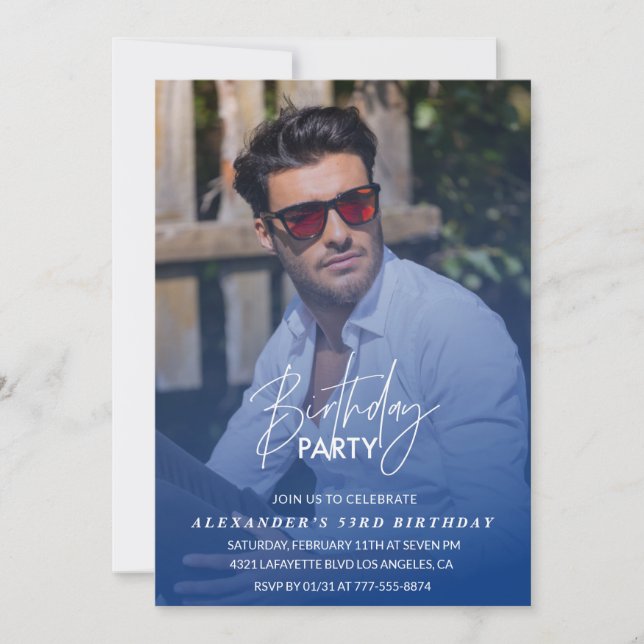 Invitation Fête d'anniversaire de 53 ans photo homme bleu mar (Devant)