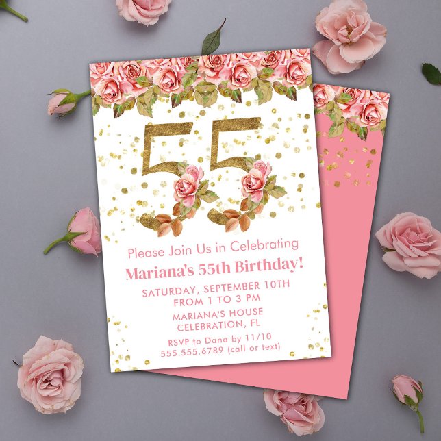 Invitation Fête d'anniversaire de 55 ans à paillettes dorées  (Créateur téléchargé)