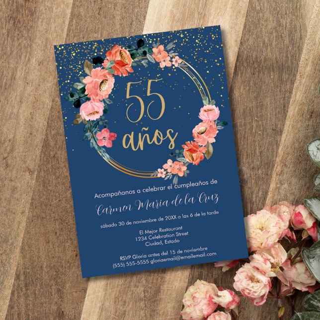 Invitation Fête d'anniversaire de 55 ans aux fleurs dorées ma (Créateur téléchargé)