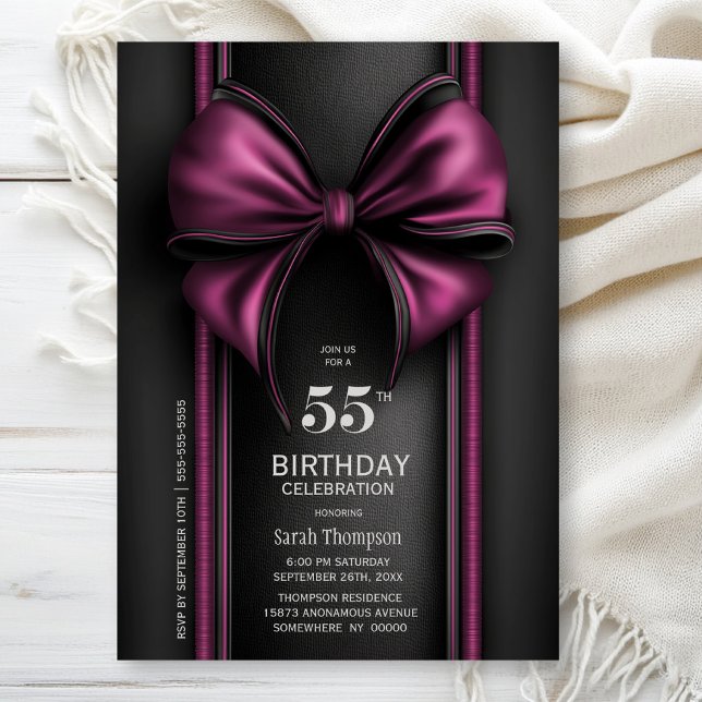 Invitation Fête d'anniversaire de 55 ans avec un nœud rose él (Créateur téléchargé)
