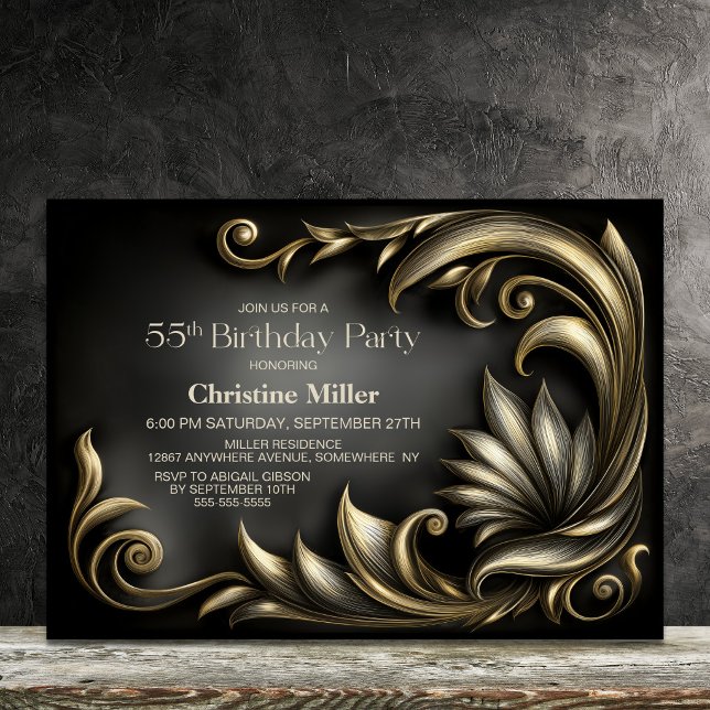 Invitation Fête d'anniversaire de 55 ans avec une bordure dor (Créateur téléchargé)
