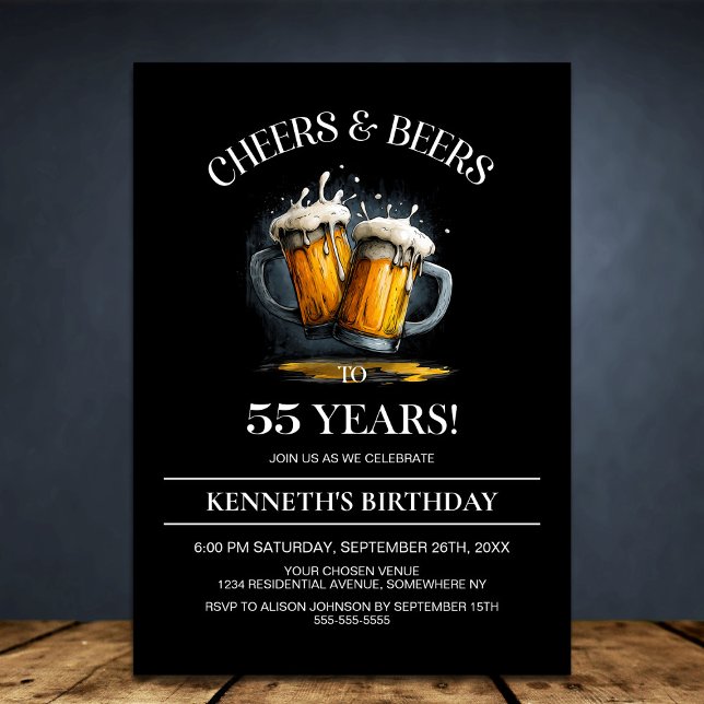 Invitation Fête d'anniversaire de 55 ans Cheers and Beers (Créateur téléchargé)